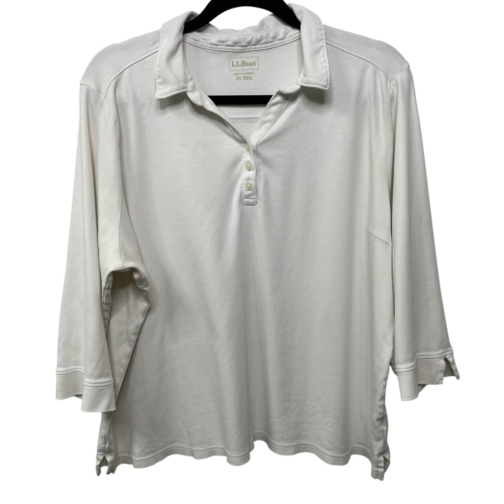 L.L. Bean Women's 2X White 3/4 Sleeve Button Polo Shirt Top Collared‎